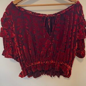 NWOT Free People Red Velvet Burn  Out Blouse.  Gorgeous